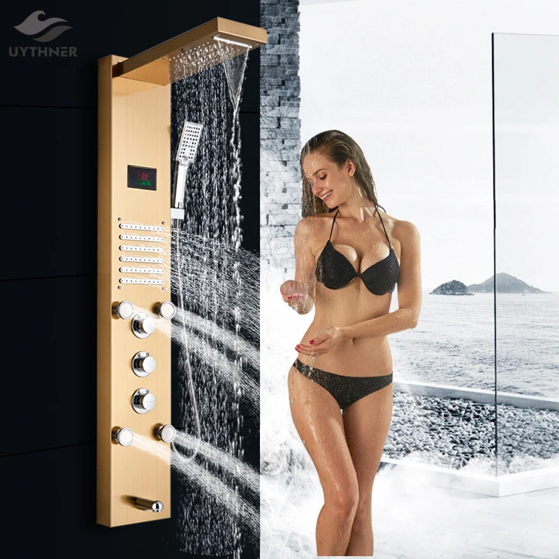 Panel de ducha LED para baño, columna de ducha de lluvia con cascada dorada, grifo con pantalla Digital de temperatura, de ducha mezclador, caño de bañera|Grifos de ducha| - AliExpress