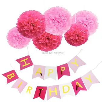 

Free Shipping Pink and Gold Decoration Set Famoby Letters Happy Birthday Banner with Pink and Hot Pink Pom Poms Birthday Deco