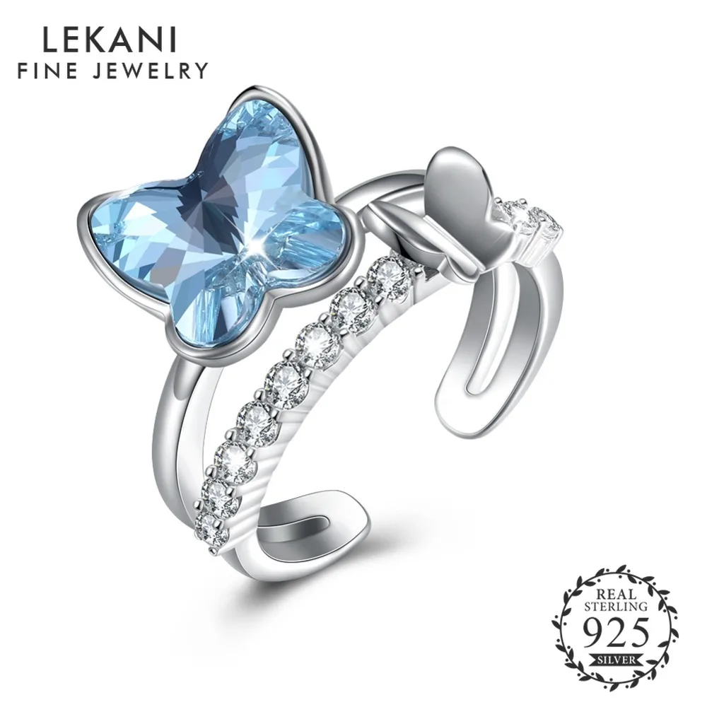 

LEKANI Silver 925 Blue Butterfly Opening Rings for Fashion Women LEKANI Crystals from Swarovski Jewelry Anniversary Gifts