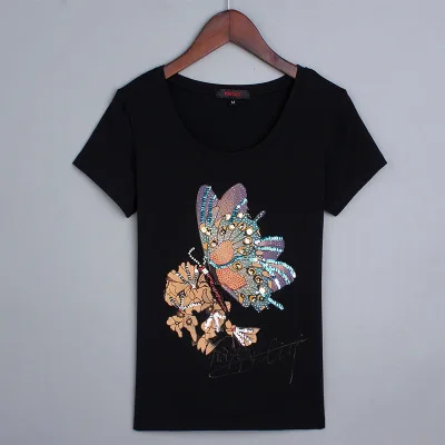 

Plus size 3XL Summer Short Sleeve Women beaded butterfly Printed T shirts Fashion Slim White Top Tees Women Designer Clothing