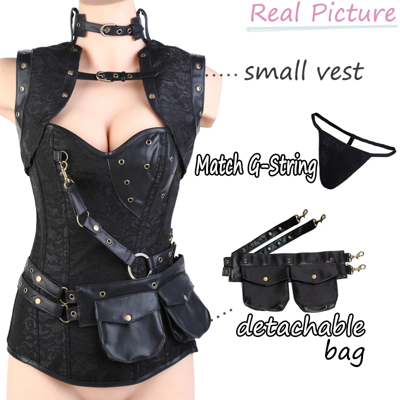 Miss Moly Women's Gothic Corset Steampunk Black Bustier Fancy Lingerie Bustier Boned Top Costume Faux Leather Dress Body Shaper