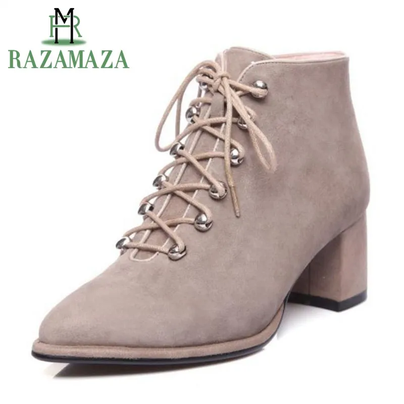 

RAZAMAZA Women High Heels Ankle Boots Soft Real Leather Spring Shoes Women Lace Up Zipper Pointed Toe Short Boots Size 33-40