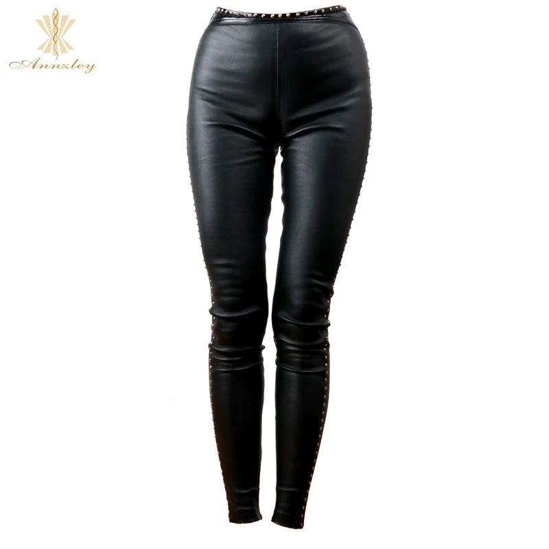 Annzley 2019 New Design Sexy Rivets Genuine Leather Tight Trouses (1)
