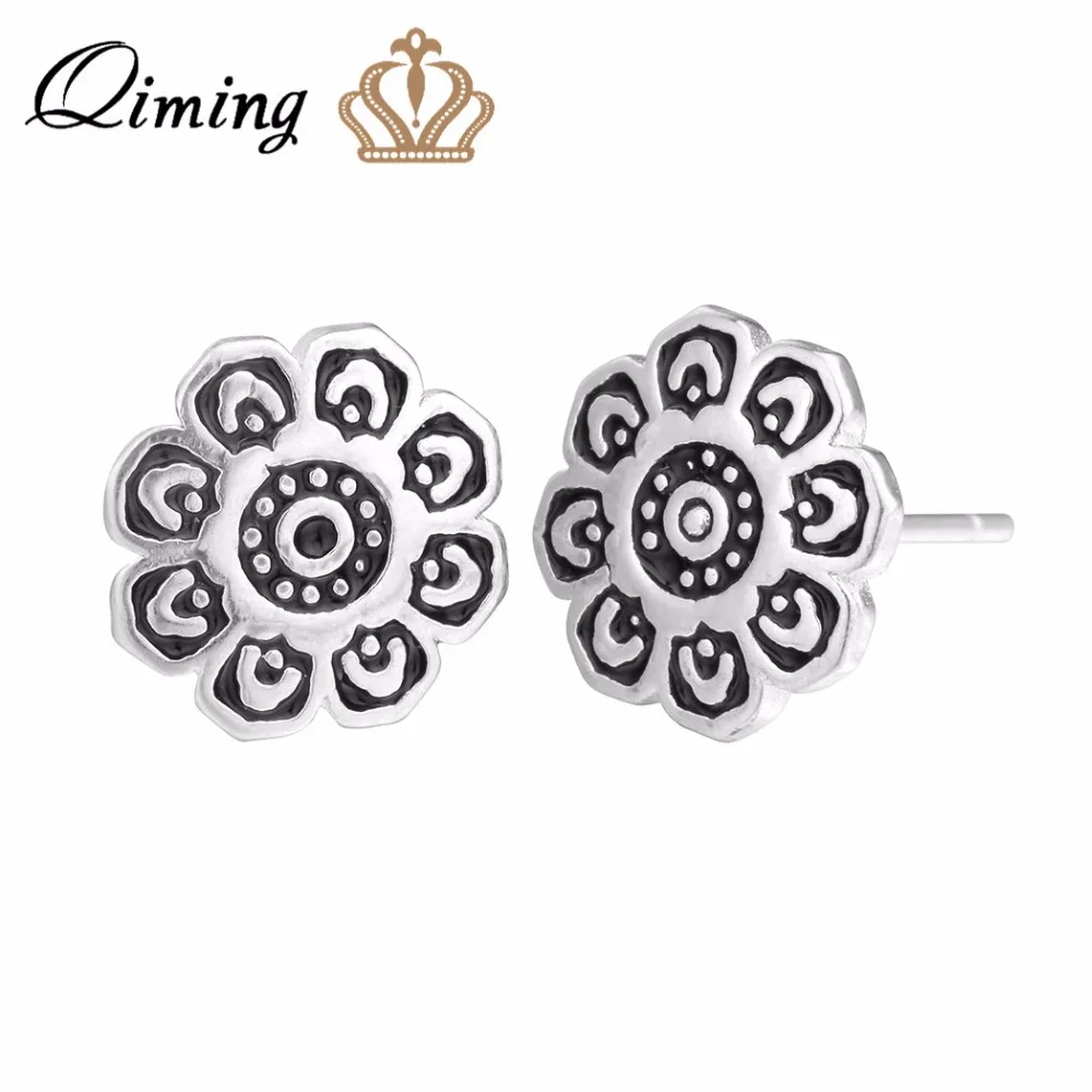 

QIMING Classic Design Ethnic Earrings Women Antique Silver Slavic Jewelry Bloom Flower Stud Girls Earring Ladies Gift