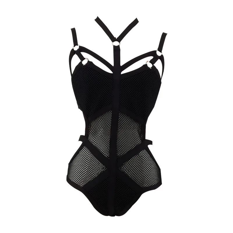 

Top Quality Fashion Women Bodysuit Strap Mesh Black Bandage Bodysuit Beach Wear