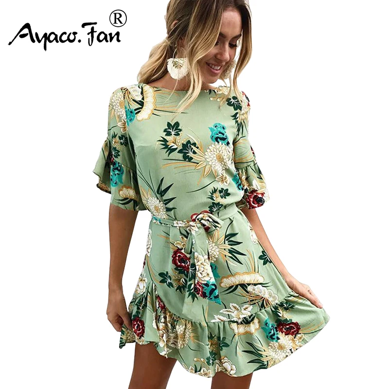 

2019 Summer Lady Retro Sexy Deep O-neck Flower print Dresses Black Print Hem folds Bohemian Style Belt Mini A-Line Beach Dress