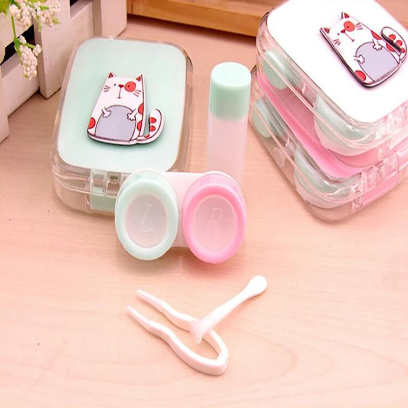 

Square Cute Cat Travel Portable Lenses Case DIY Glasses Len Storage Container Eyewear Kit Women Girls Mirror Contact Lens Box