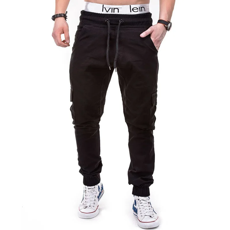 Europe and the United States 2019 new large size men's fashion solid color side pockets with belts casual trousers trousers
