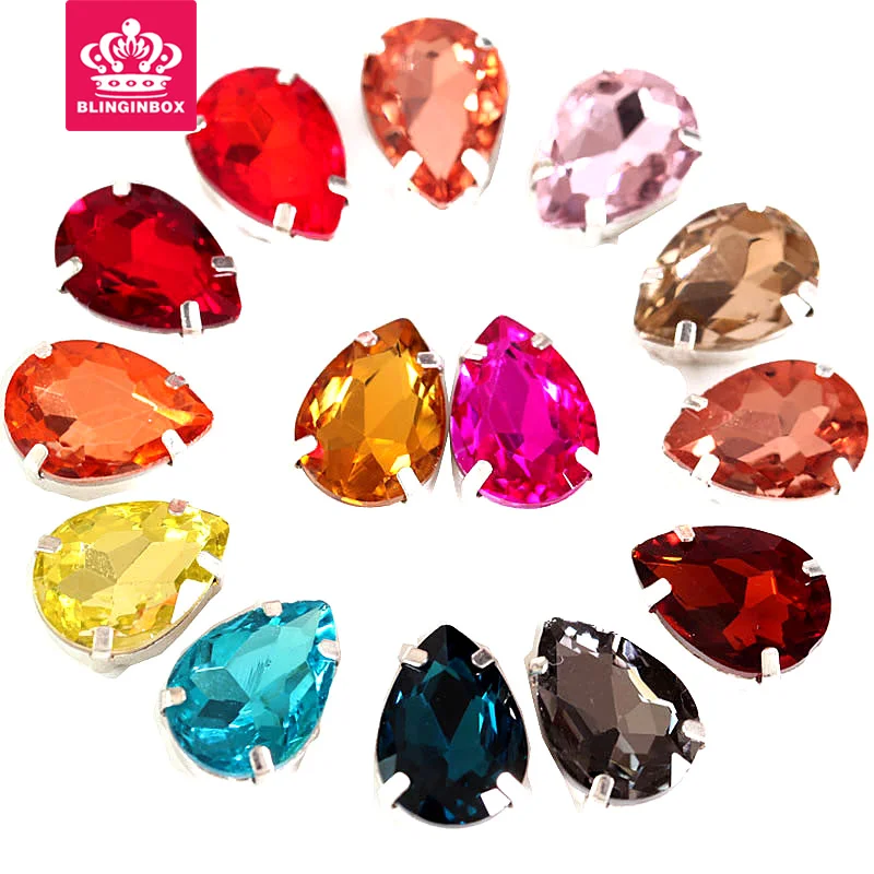 

5 Sizes Colorful Teardrop Glass Sew On Rhinestone With Claw Flatabck Droplet Sewing Rhinestiones For Wedding Decoration Y2908