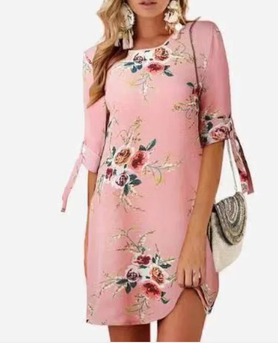 Плюс Размеры 5xl Офисные наряды женский халат Femme Ete или офисный стиль, Для женщин розовые вечерние синий платье с цветочным рисунком и бантиком на лямках модные Туника пляжное платье - Цвет: pink dress