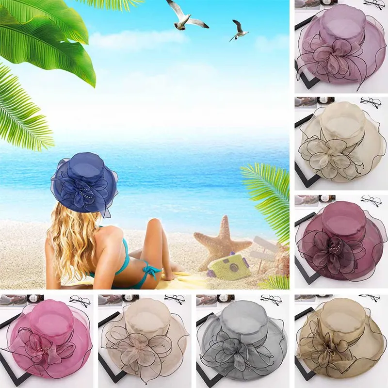 Новые трендовые летние шляпы для женщин из органзы с цветочным принтом, Свадебные шляпы для Федоров, торжественные шляпы с широкими полями, пляжные шляпы для церкви