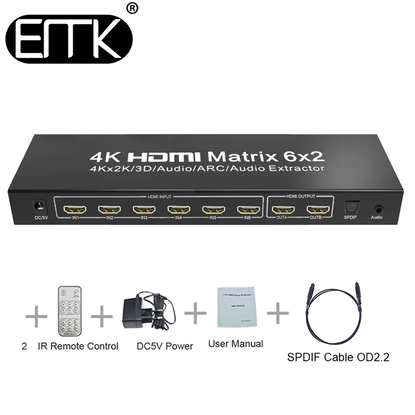 EMK 6x2 HDMI ТВ матрица 6 вход 2 Выход коммутатор сплиттер 1.3b 1,4 в Поддержка 3840x2160 30 Гц 3D 4K x 2K Аудио ИК пульт дистанционного управления - Цвет: OD2.2-Black