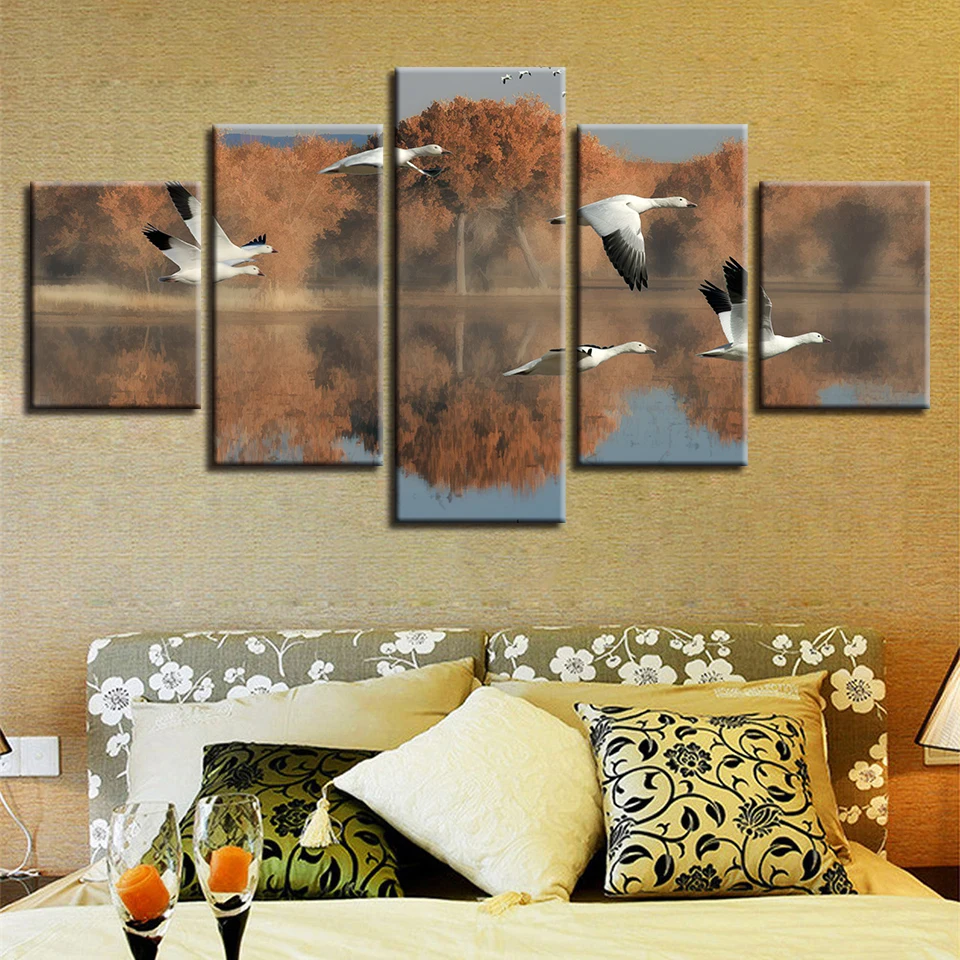 

Poster Modular Animals Canvas Picture Wall Art 5 Pieces Swan Lake Forest Scenery Paintings Printing Decor Home Bedroom Framework