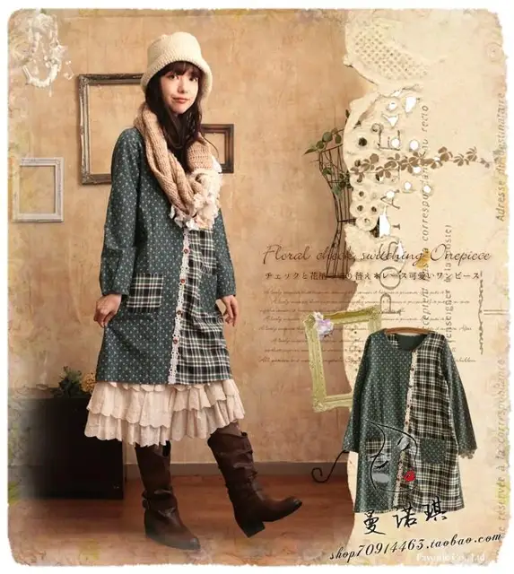 vintage plus size plaid dot cotton lace patchwork long sleeve gothic plus size hippie dress