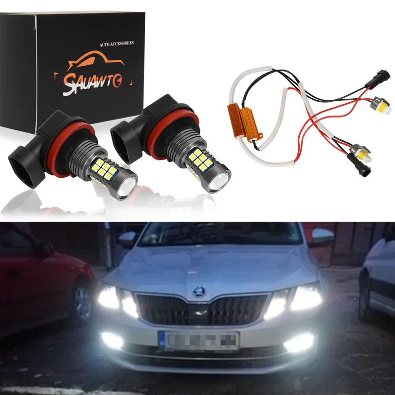 2X H8 LED Fog Light Bulb Auto Car Driving Drl Lamp LED Bulbs No Error Canbus Decoders For Skoda Fabia Superb Yeti Octavia 2015