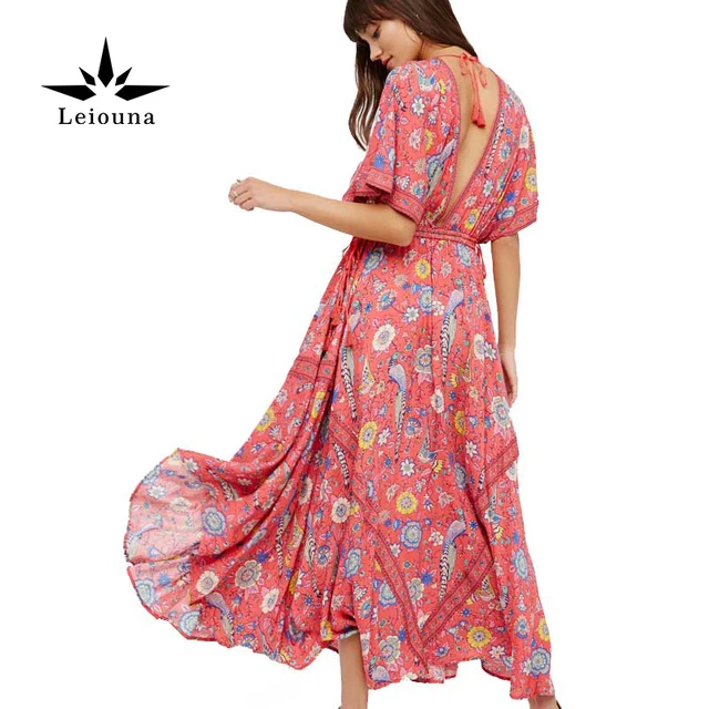 Leiouna Fashion Backless Exotic Inspired Rose Fl Red Print V Leiouna Fashion Backless Exotic Inspired Rose Fl Red Print V Neck Summer Beach Maxi Dress