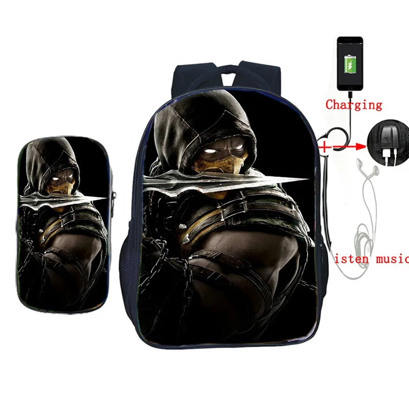 

2 Pcs/set USB Charge School Bag Scorpion In Mortal Kombat X Mask Backpackfor Teenagers Students Book Bag Daily Laptop Backpack