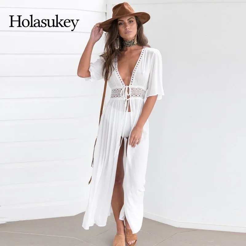 

HolaSukey Tunic Long Beach Dress Solid Hollow Cover Up Chiffon Beachwear Pareo Women 2019 Summer Style Clothing Playa Praia Wear