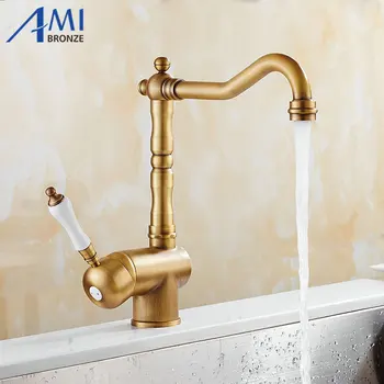 

Kitchen Faucet Antique Brushed Porcelain Handle Faucet Hot Cold Mixer Basin Tap Luxury Faucet 360 Swivel 9087A