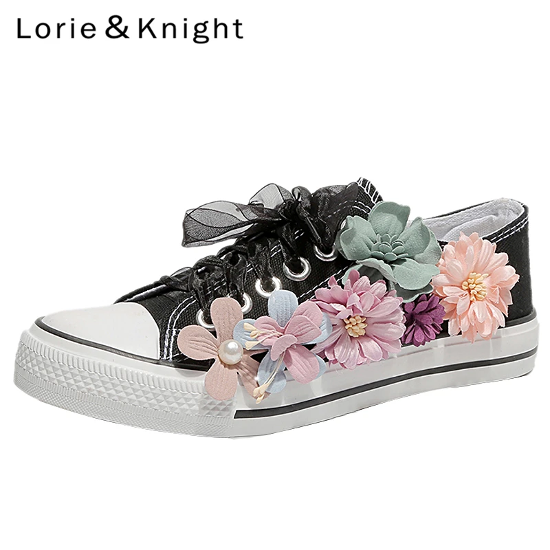 Женские туфли-лодочки кроссовки с Цветочная лента на шнуровке модная парусиновая обувь