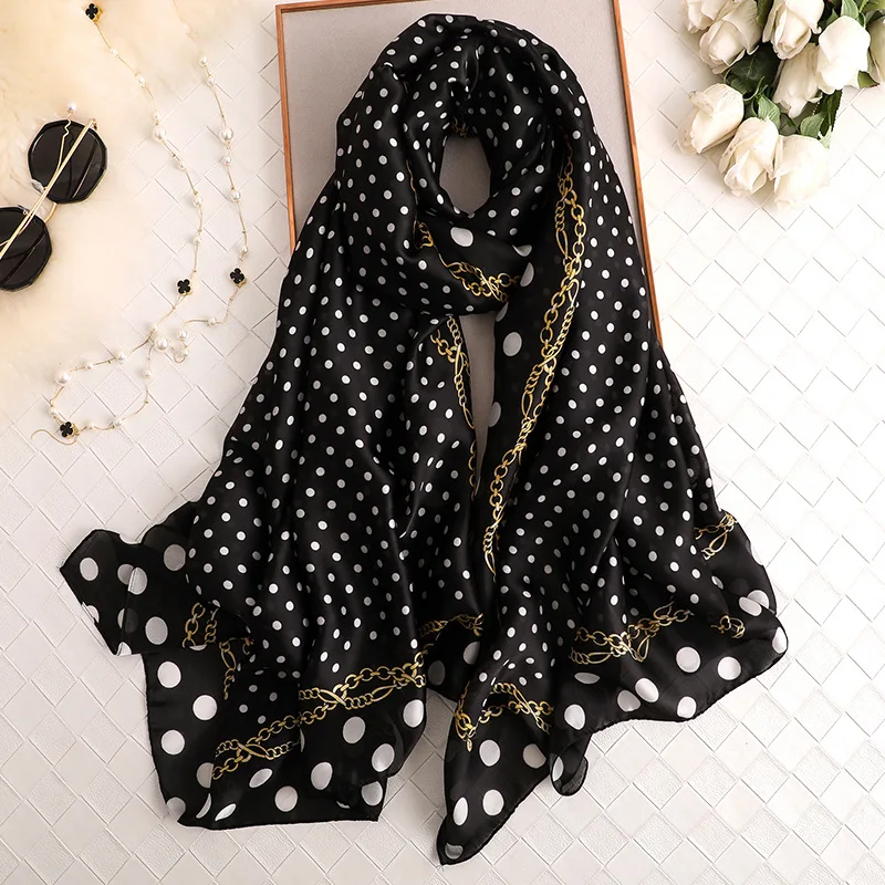 

2019 Soft Silk Scarves Women brand Luxury Chain Dot Wrap and Shawl Femme Long Bandana Foulards Musilm Silk Pashminas Hijab Snood