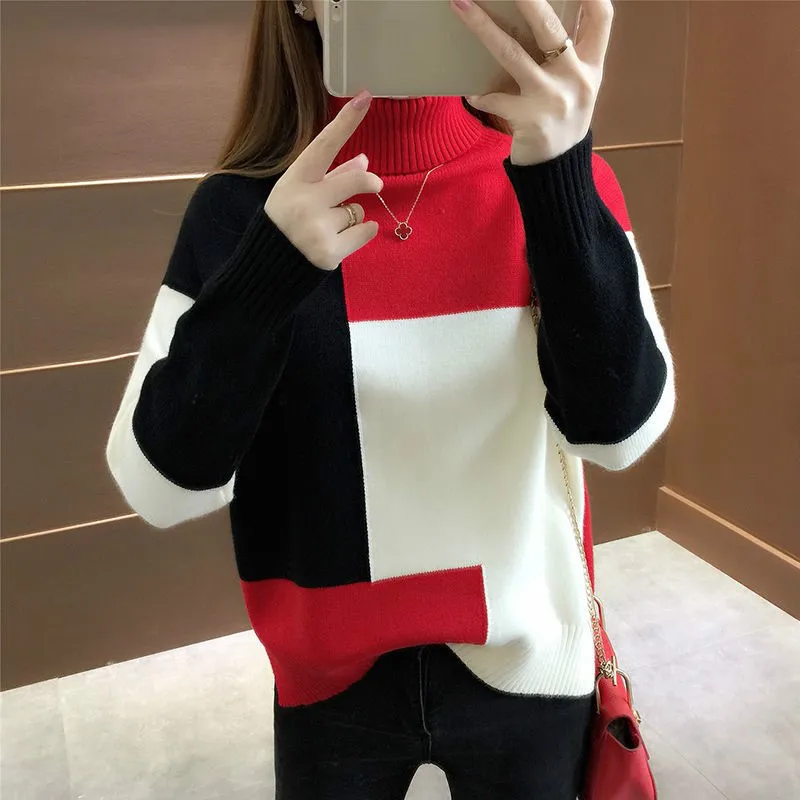 Neploe корейский осенне-зимний женский трикотажный свитер под горло Повседневный лоскутный свитер толстые пуловеры свободный 45474
