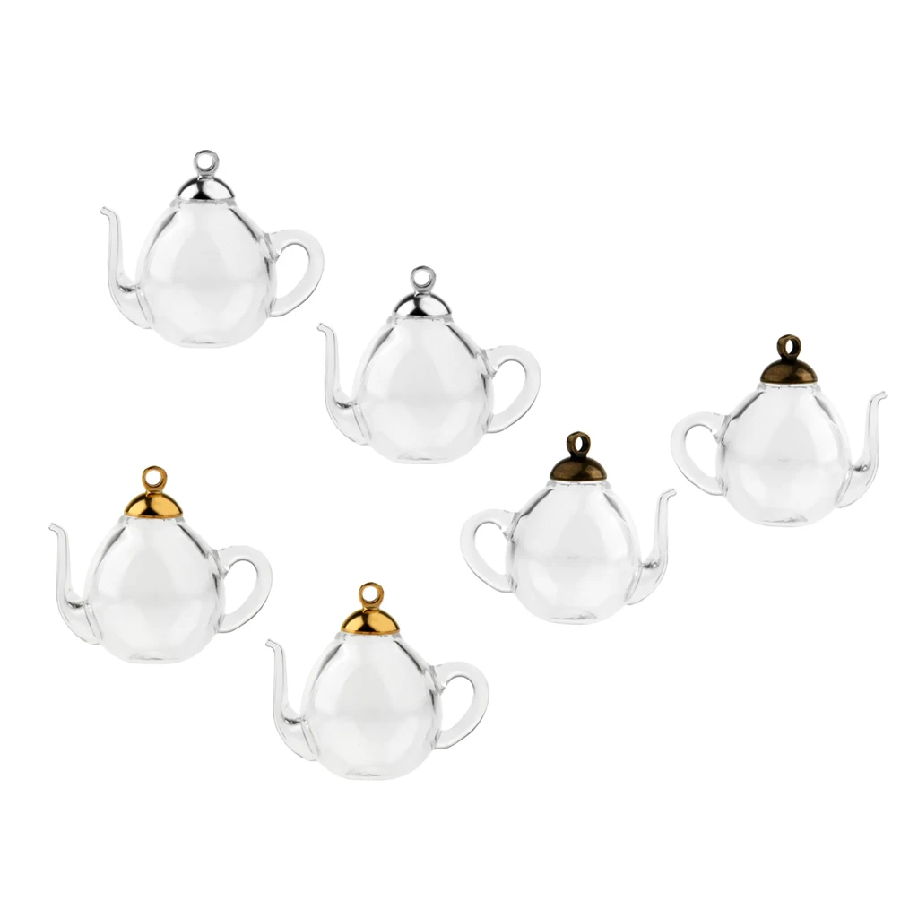 2Pcs Mini Teapot Empty Glass Wishing Cap Bottles Vial Pendant Charms Craft DIY