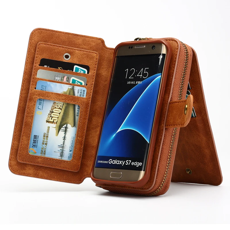 

Wallet For Samsung Galaxy S4 5 6 7 edge Case 2 in 1 Card Slot Stand Case For Note 4 5 Flip Leather Cover Zipper Purse Phone Bag