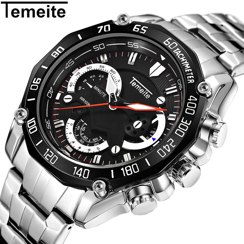 

mens watches TEMEITE brand men wristwatch quartz stainless steel waterproof calendar man watches black white