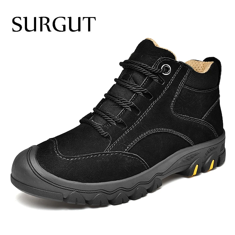 

SURGUT Brand Winter Keep Warm Sneakers Men Plush Shoes Male Rubber Waterproof Working Boots Genuine Leather Cotton Shoes Men