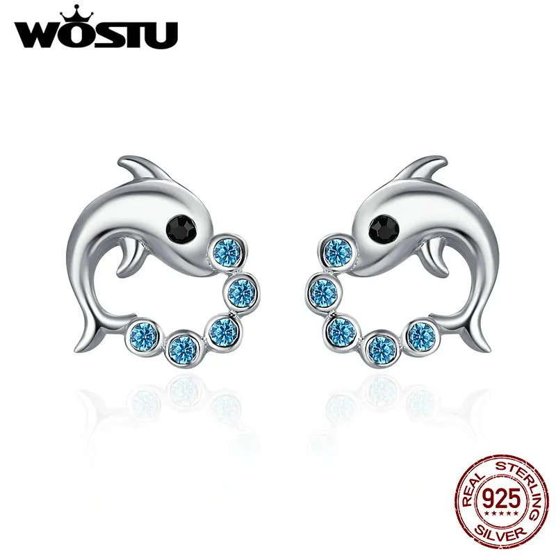 WOSTU подлинный 925 пробы серебряный милый Дельфин любовь мяч серьги-гвоздики с животными для женщин Роскошные оригинальные ювелирные изделия Bijoux CQE179