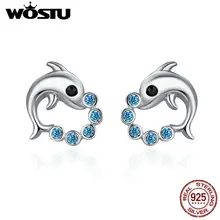 WOSTU подлинный 925 пробы серебряный милый Дельфин любовь мяч серьги-гвоздики с животными для женщин Роскошные оригинальные ювелирные изделия Bijoux CQE179