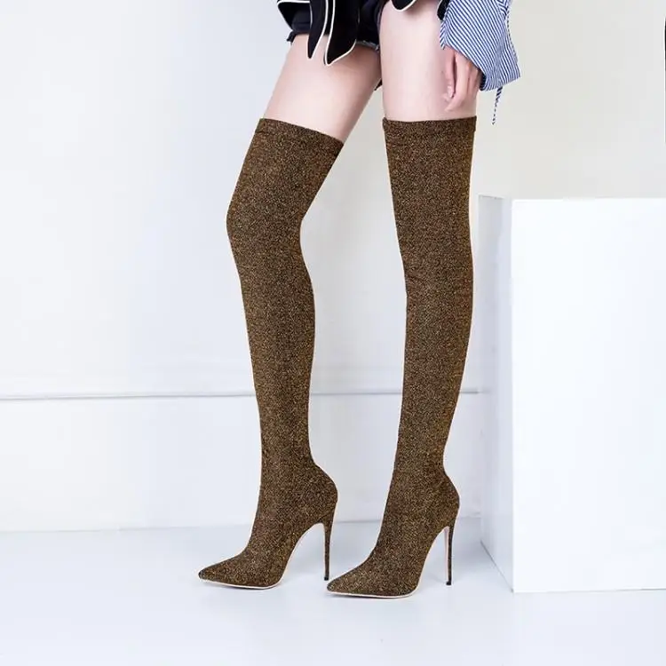 Knsvvli/обтягивающие Стрейчевые сапоги женские сапоги выше колена на высоком каблуке с острым носком пикантные блестки Носки ярких цветов