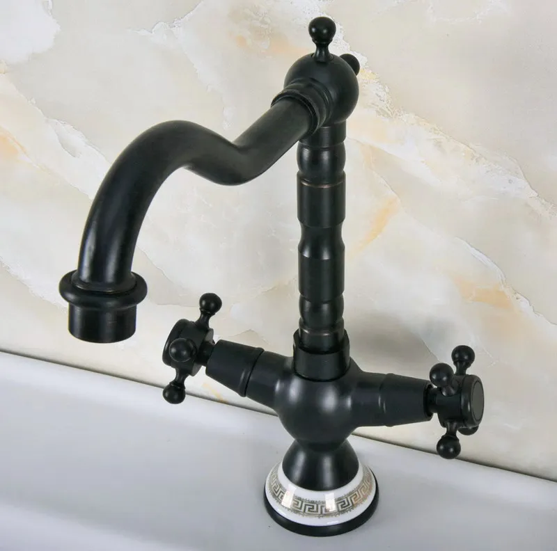 Oil Rubbed Bronze Dual Cross Handles Ceramic Base Bathroom Kitchen Basin Sink Faucet Mixer Tap Swivel Spout Deck Mounted mnf648