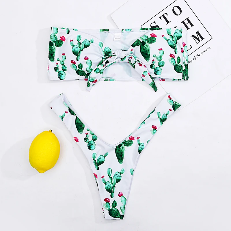 

2019 High Cut Floral Bandeau Bikini Set Swimwear Women High Leg Swimsuit Thong Panty Bikini Padded Bathing Suit Biquni