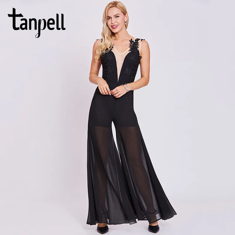Tanpell, комбинезон, Стильное вечернее платье, es, черное, без рукавов, с аппликацией, ТРАПЕЦИЕВИДНОЕ, длина до пола, платье для женщин, v-образный вырез, официальное, вечернее платье