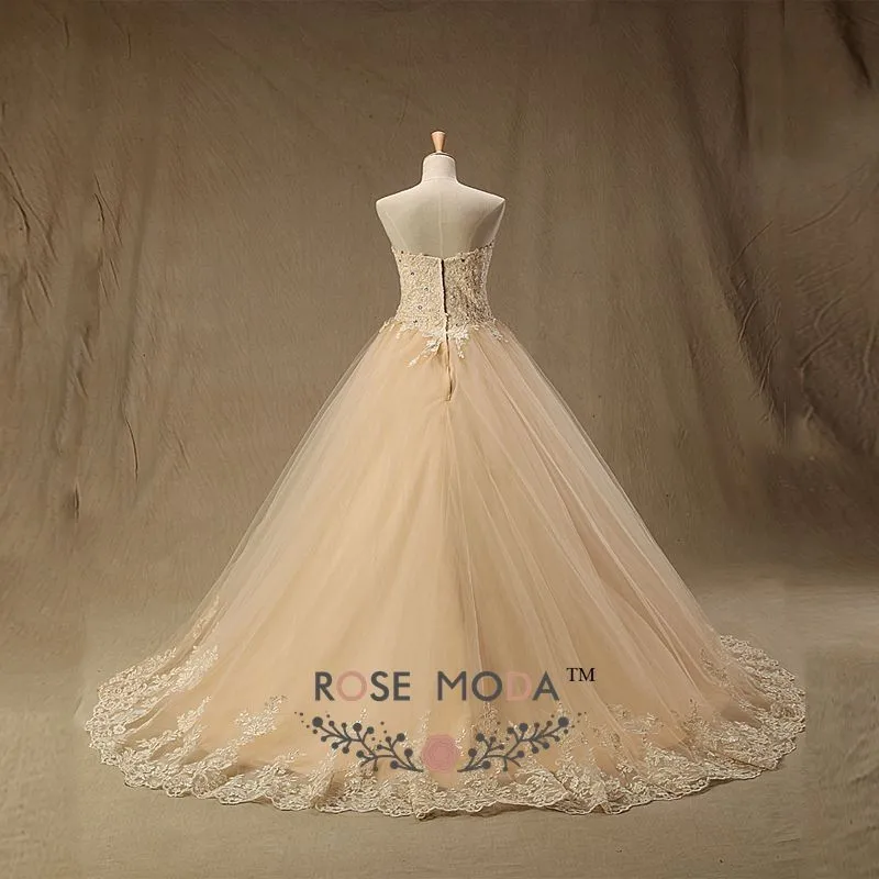 Роза Мода Шампанское бальное платье без бретелек Кружева свадебное платье размера плюс Vestido de Noiva реальные фотографии