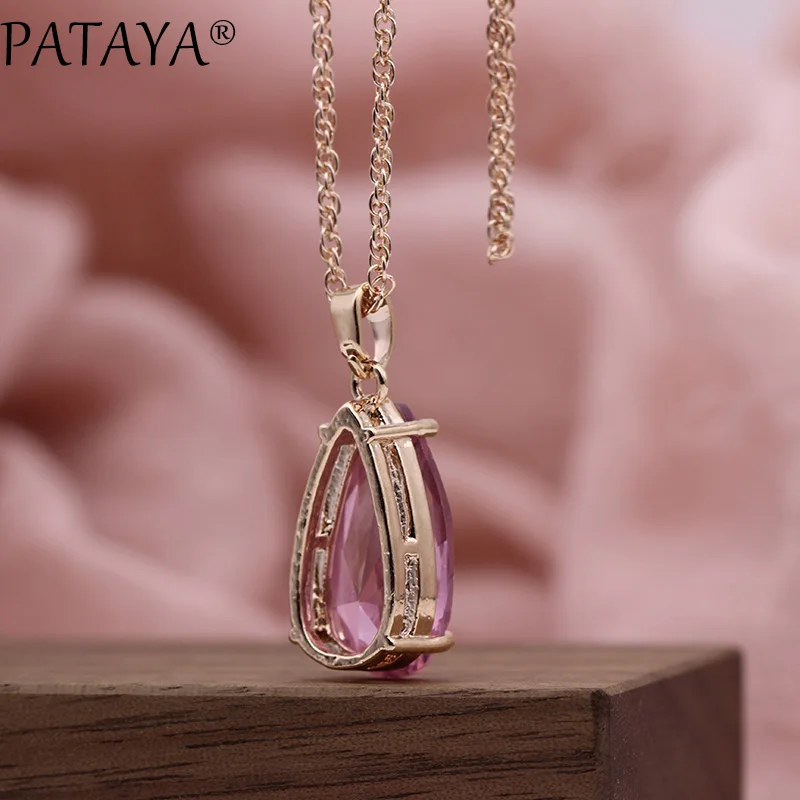 PATAYA New Blue Water Drop Earrings Pendants Necklaces Sets 585 Rose Gold Natural Zircon For Women Fashion Wedding Jewelry Set