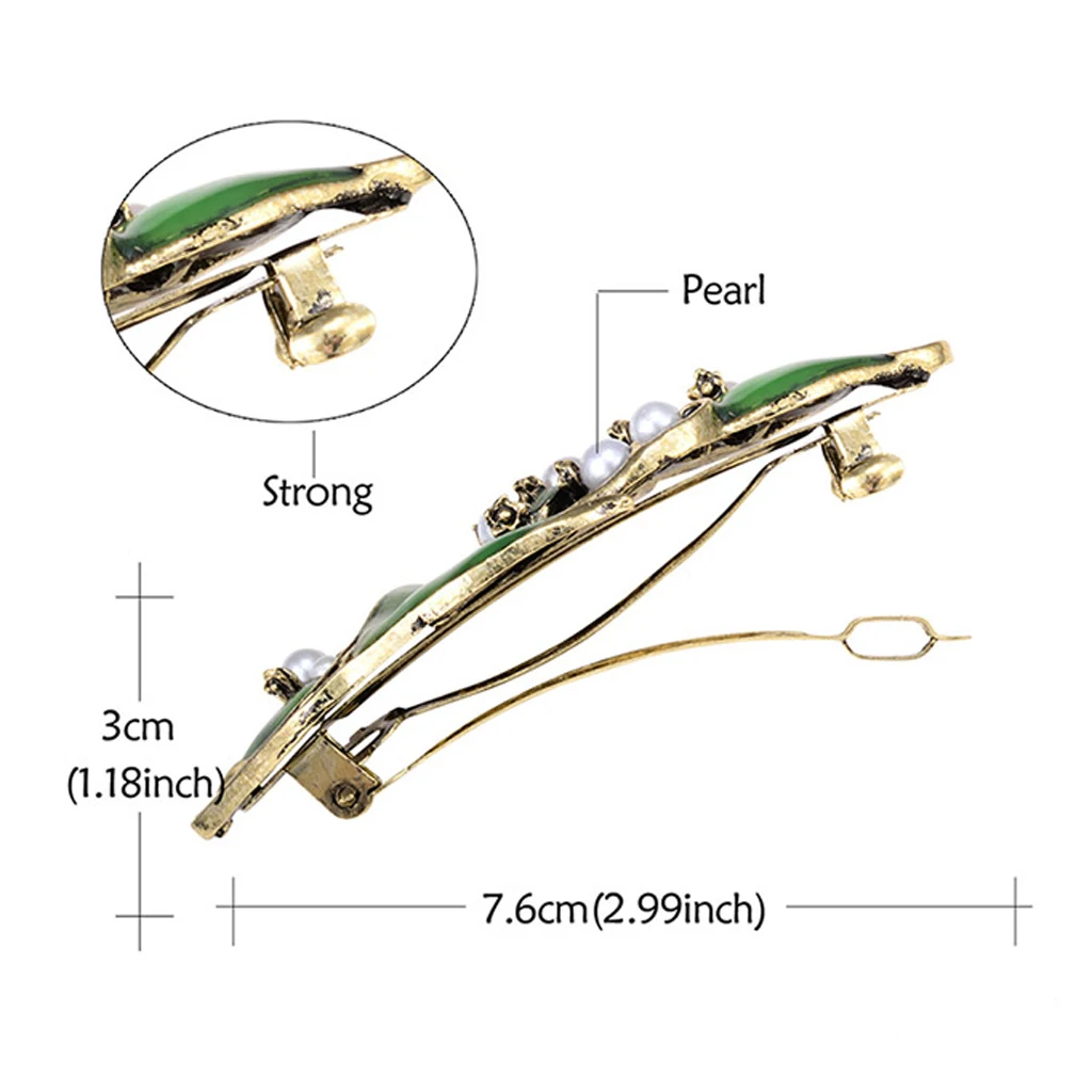 Retro Green Rhinestone Pearls Sprung Barrette Women Ladies Headwear Hairpin Hair Clip Accessories