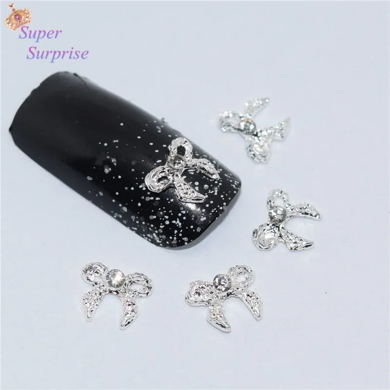 10pcs Manicure White rhinestone bow 3D Nail Art Decoration,Alloy Nail Charms, Nails Glitter