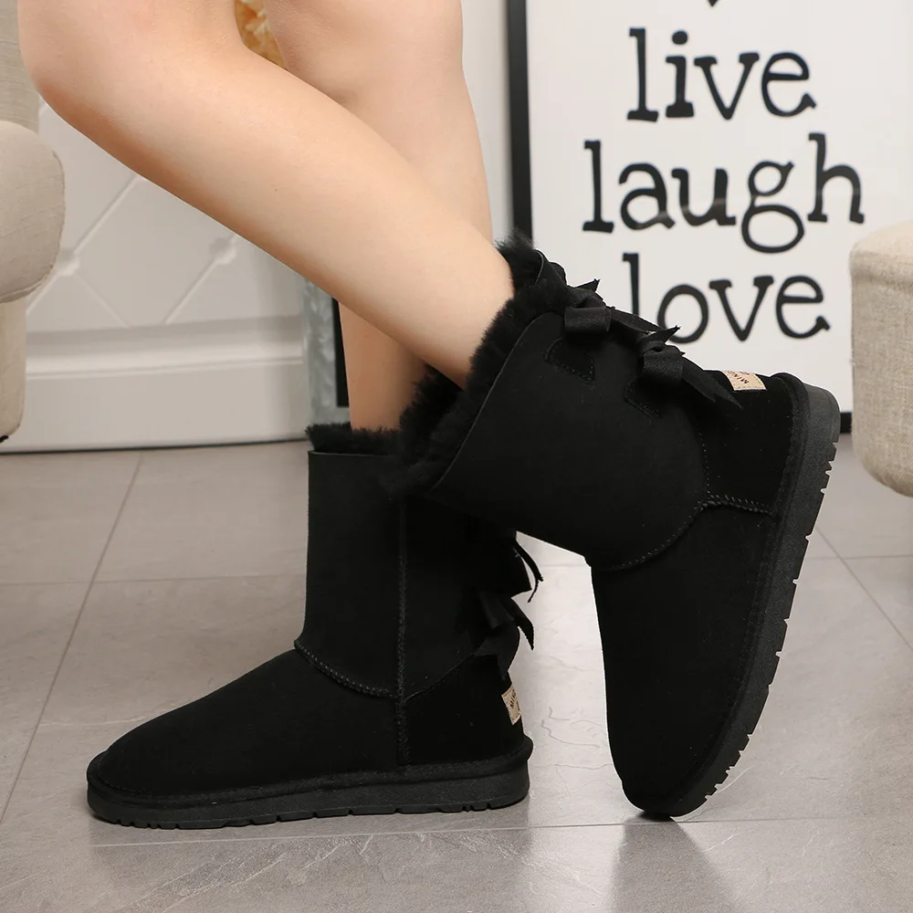 

Novel elegant double bow design brand ladies snow boots suede Sheepskin with wool in the tube thickening winter women's shoes