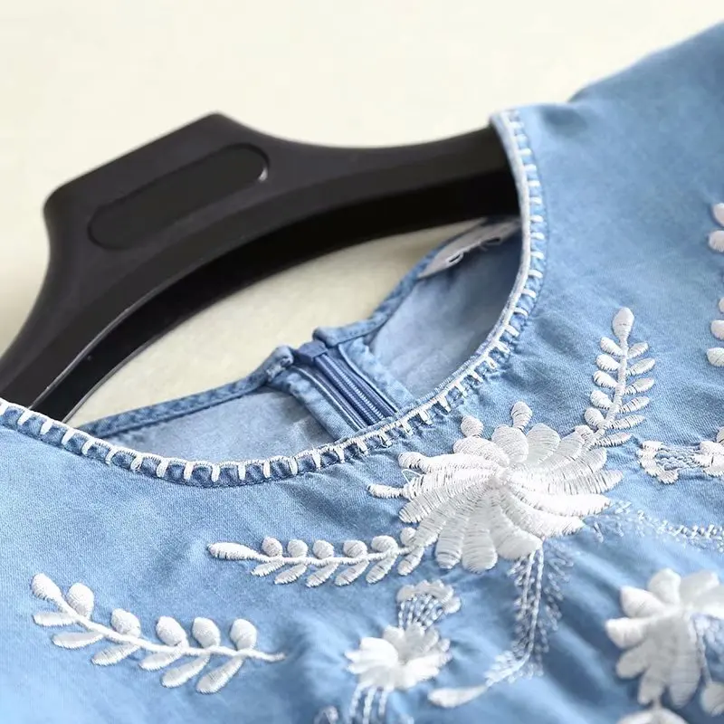 embroidery soft jeans dress women short sleeves casual knee length summer denim dresses cotton cute light blue o-neck fashion