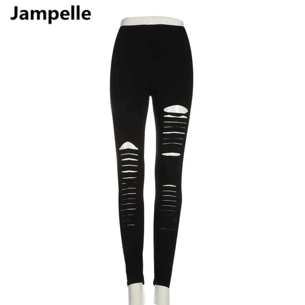 Women Basic Strech Black Leggings Holes Ripped Leggings Punk Rock Style