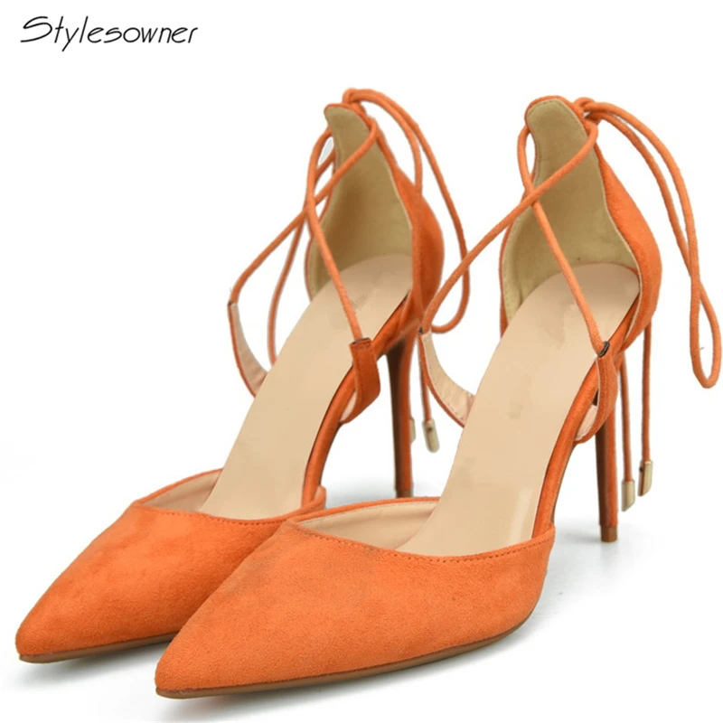 

Stylesowner New Arrival 2018 Flock Cross Tied Laces High Heel Sandals Pointed Toe Sandals Stiletto Thin Heels Shoes Shallow Shoe