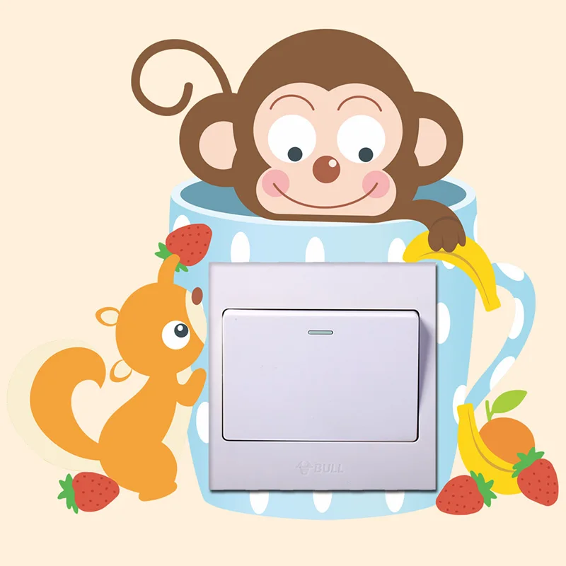 Cartoon Monkey Cat Polar Bear Penguin Cactus Switch Panel Stickers For Home Decor Living Room PVC Animal Mural Wall Art Decals