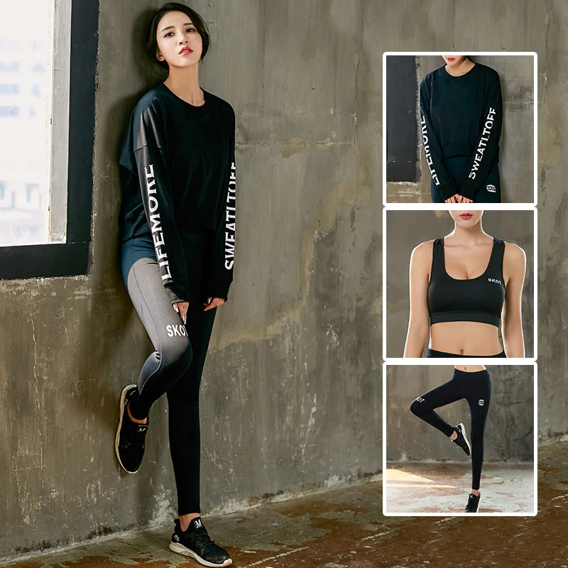 black shirt pant bra Набор для йоги, для женщин, быстро сохнет, длинный рукав, толстовка, штаны, ударопрочный спортивный бюстгальтер, для бега, фитнеса, тренажерного зала, спортивный костюм, спортивная одежда - Цвет: black shirt pant bra