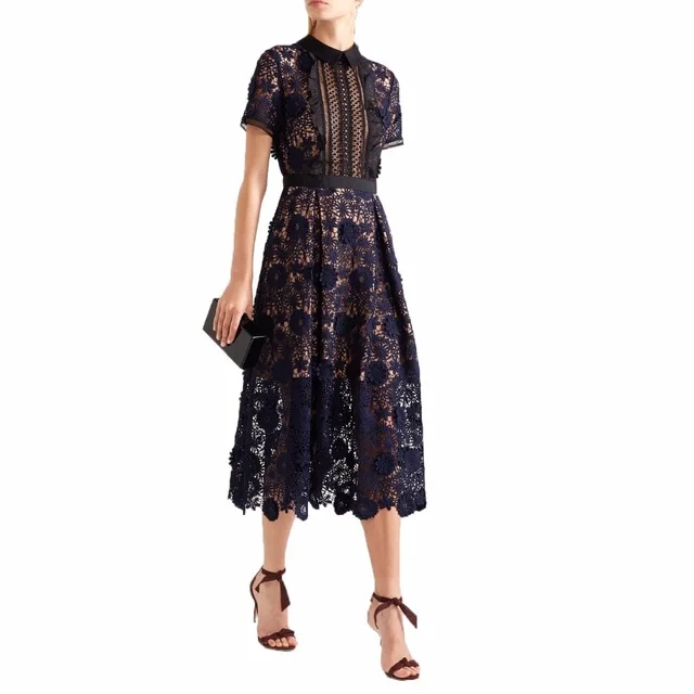 

2019 New Arrival Self Portrait Runway Women Hollow Out Patchwork Sexy Lace dress Female Vestidos Short Sleeve Midi Dresses