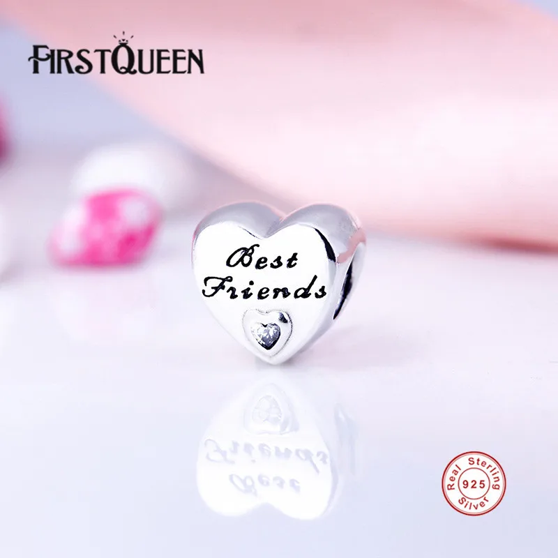 

FirstQueen Brand Fashion Best Friend 925 Sterling Silver Friendship Heart, Clear CZ Beads Charms fit Bracelets DIY Jewelry E