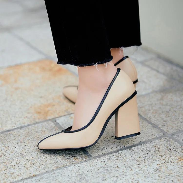 

ECTIC 2018 High quality Genuine leather office shoes women spring summer square heeled dress party shoes lady pumps shoes PB-121