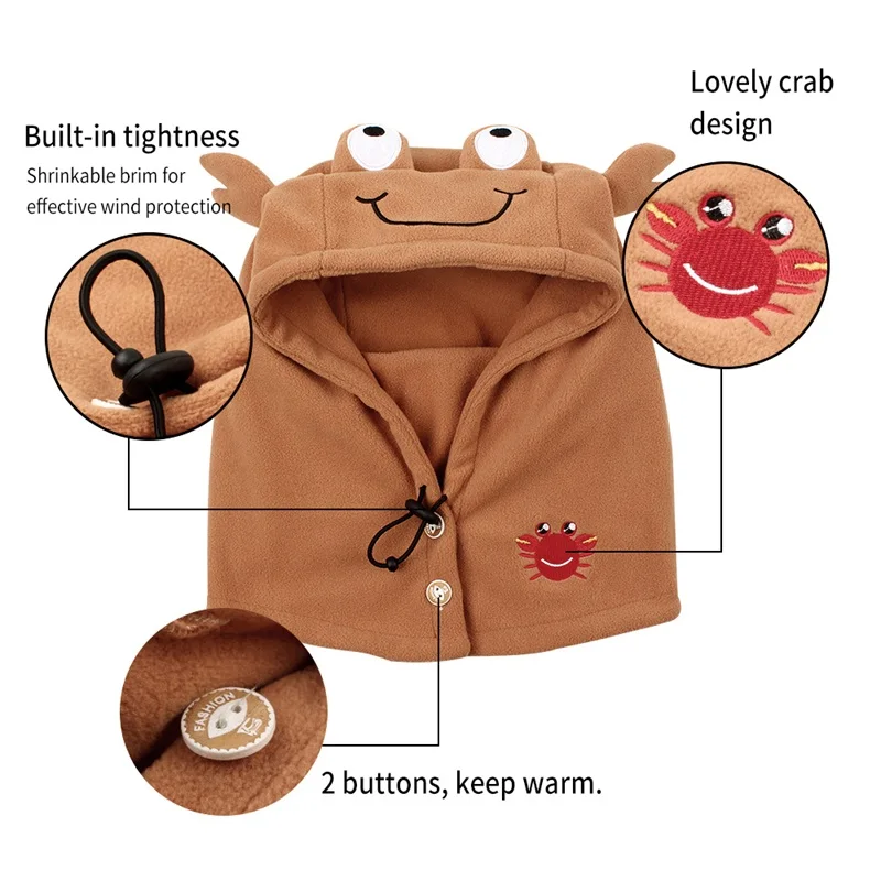 Cartoon Warm Baby Hat Autumn Winter Kids Scarf Hat Adjustable Fleece Boys Girls Beanie Children Hood Hat Boys Clothing 1-6Y (2)